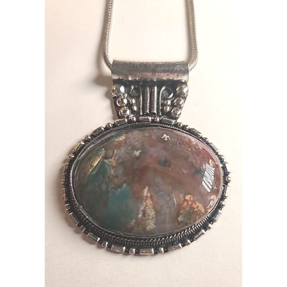 Vintage 24" Silvertone Framed Agate Stone  Pendant W/ Snake Link Chain Necklace